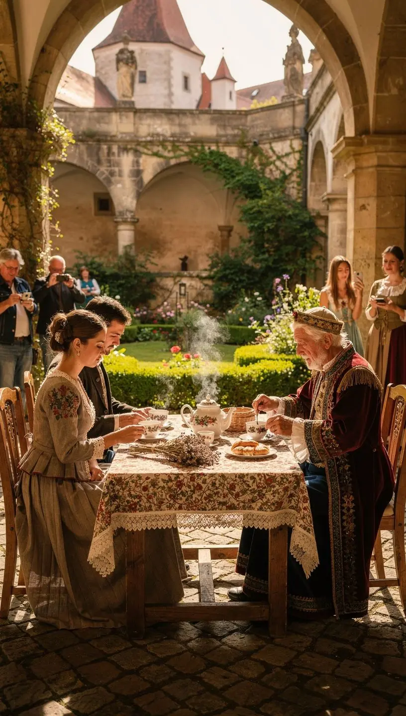 Pohľad na čajovník s parou stúpajúcou nad šálkou čaju v prírode.