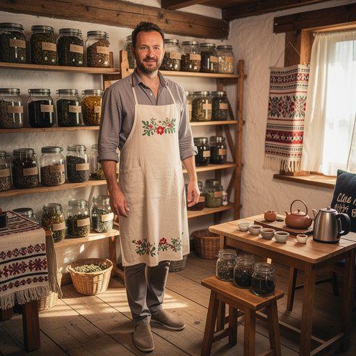 Tradičný slovenský čaj s bylinkami podávaný v krásnej keramickej šálke.